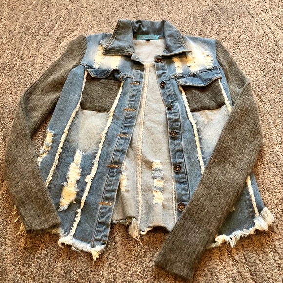 Sweater Sleeve Denim Jacket - Picture 3 of 5
